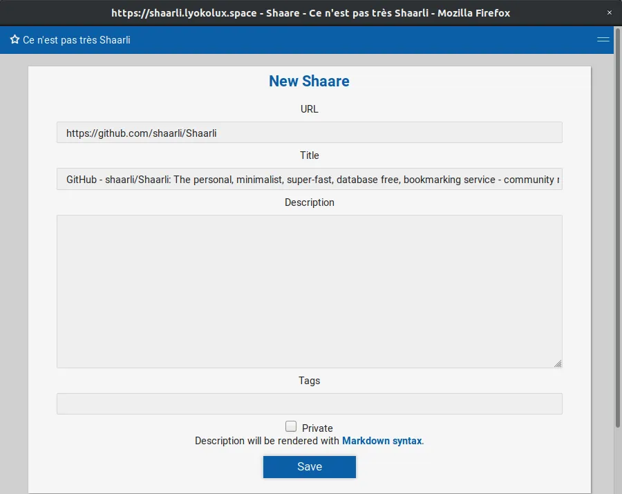 formulaire de saisie de l'extension Shaarli pour Firefox